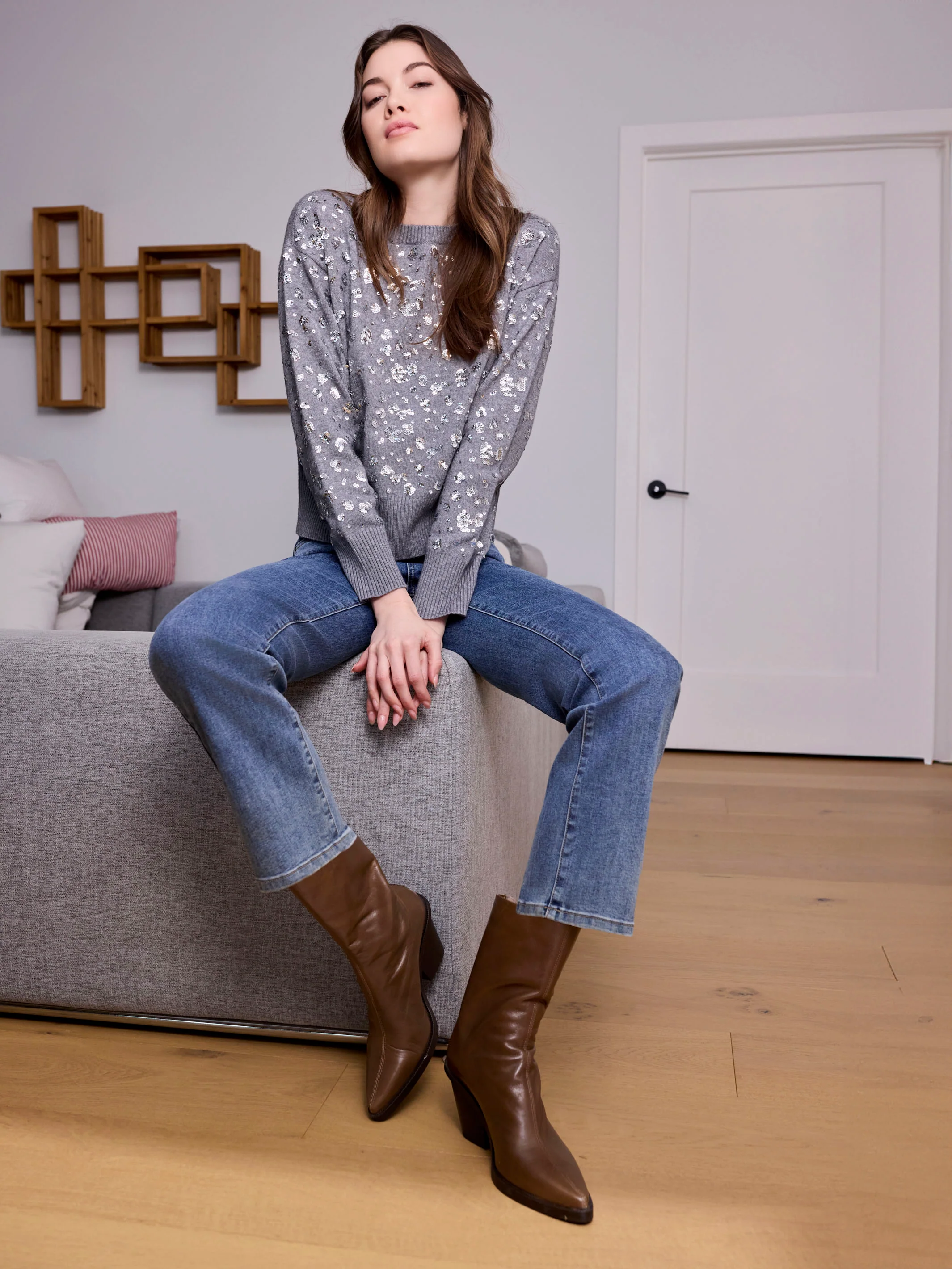 Sequined Crew Neck Sweater - Dark Heather Grey - Image 6