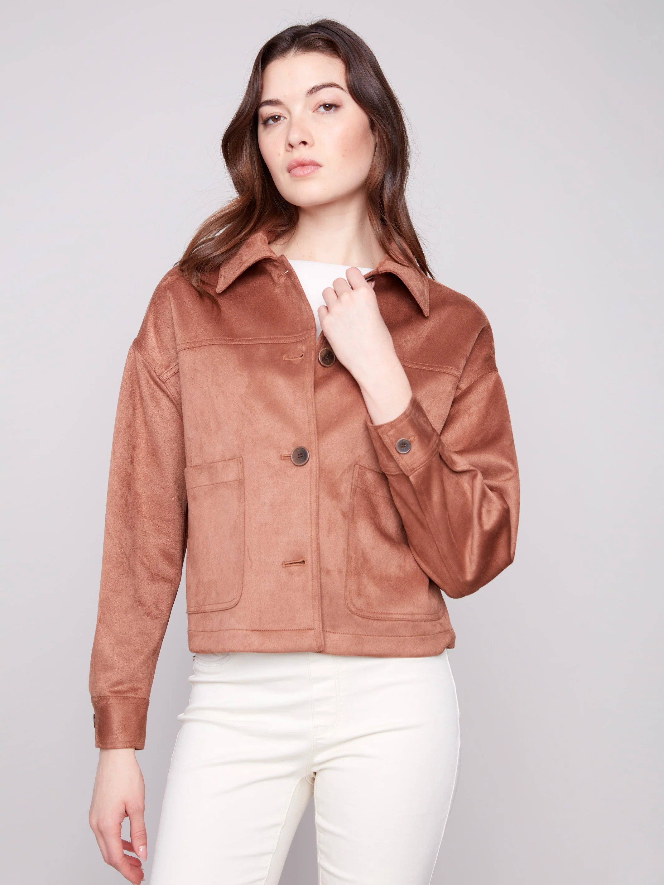 Short Faux Suede Jacket - Truffle - Image 3