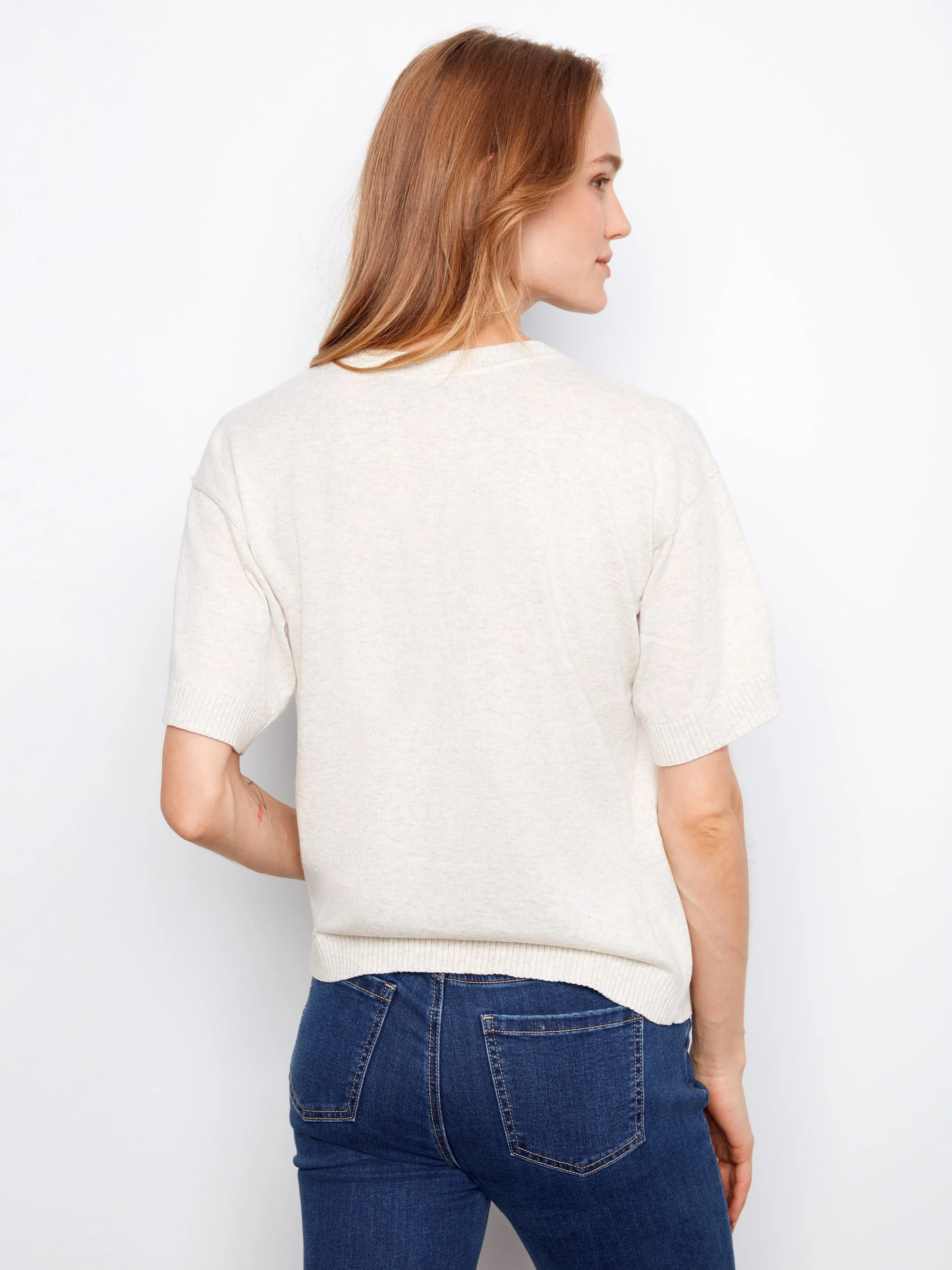 Short Sleeve Animal Print Sweater - Heather Oat - Image 4