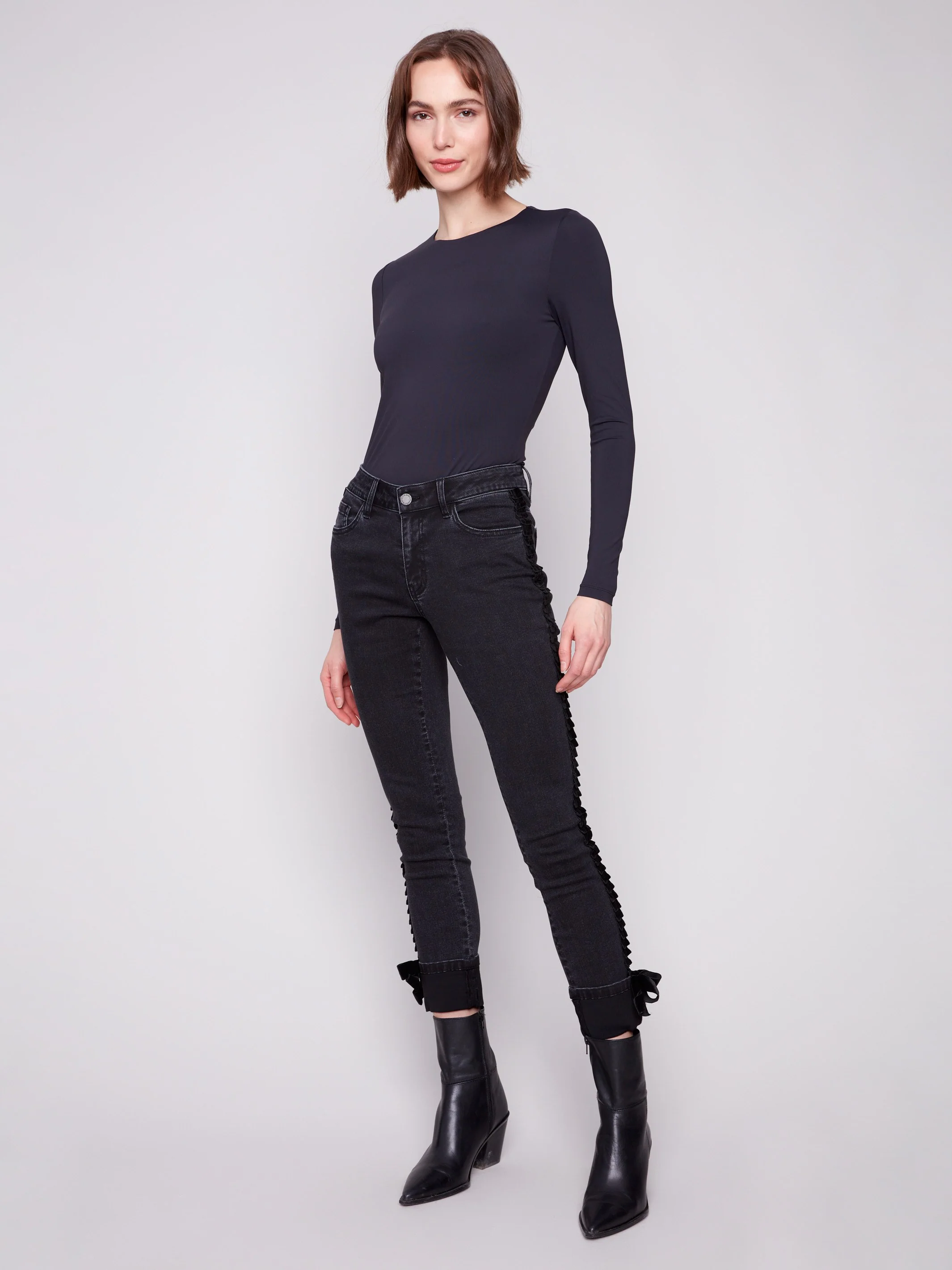 Slim Leg Jeans With Velvet Bow - Charcoal - Image 5
