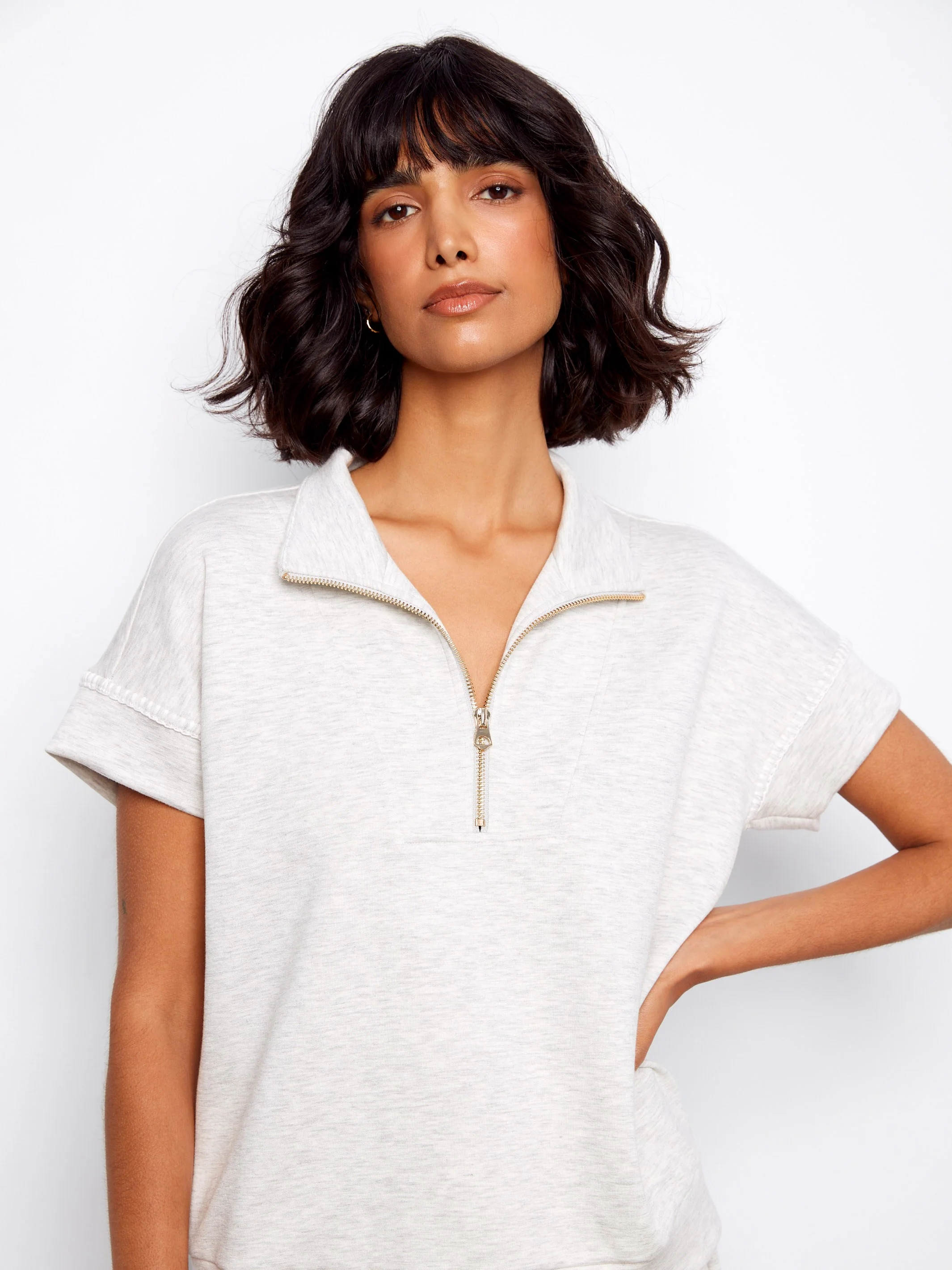 Soft Scuba Short Sleeve Half-Zip Top - Heather Light Grey - Image 3