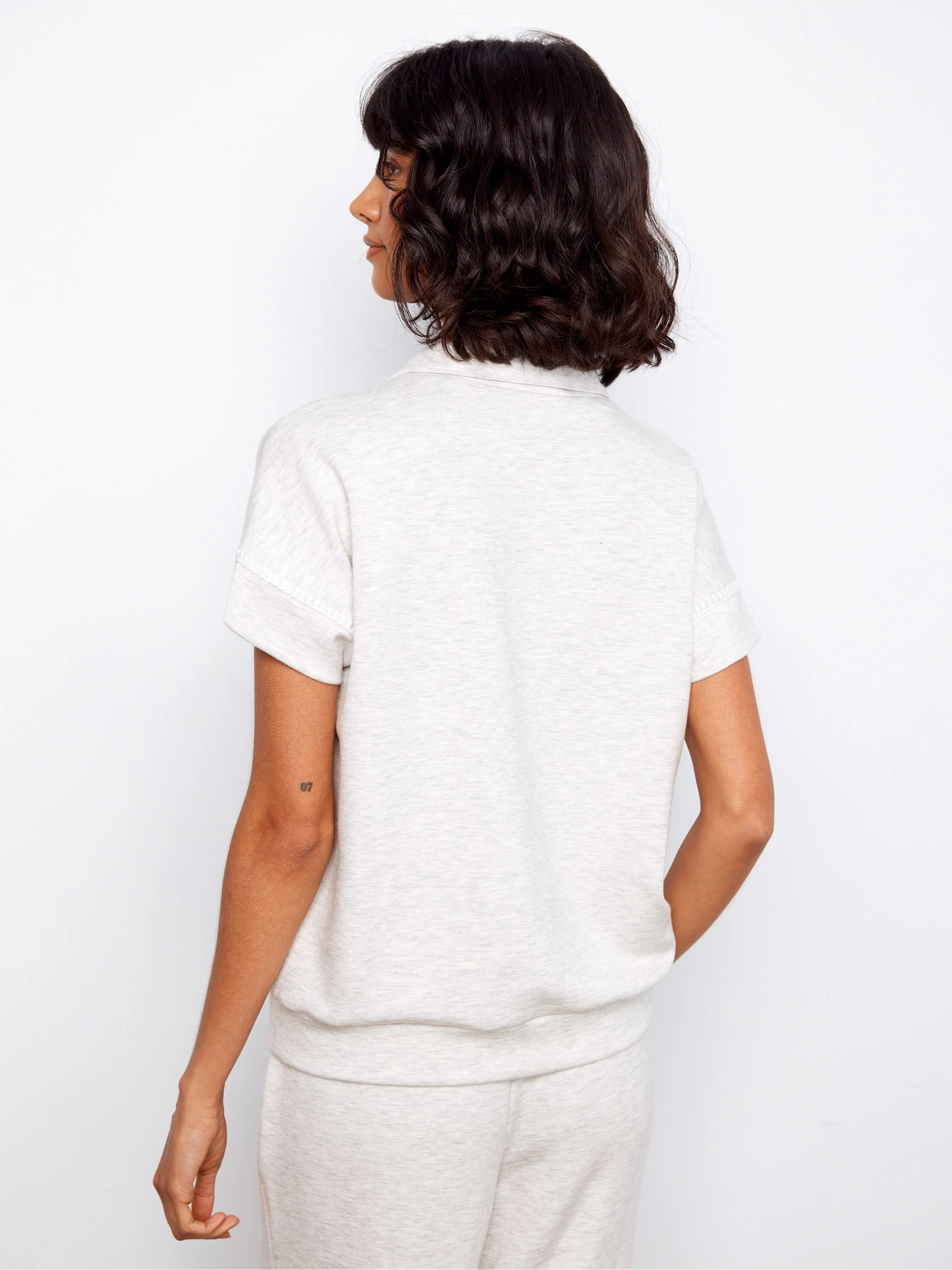 Soft Scuba Short Sleeve Half-Zip Top - Heather Light Grey - Image 4