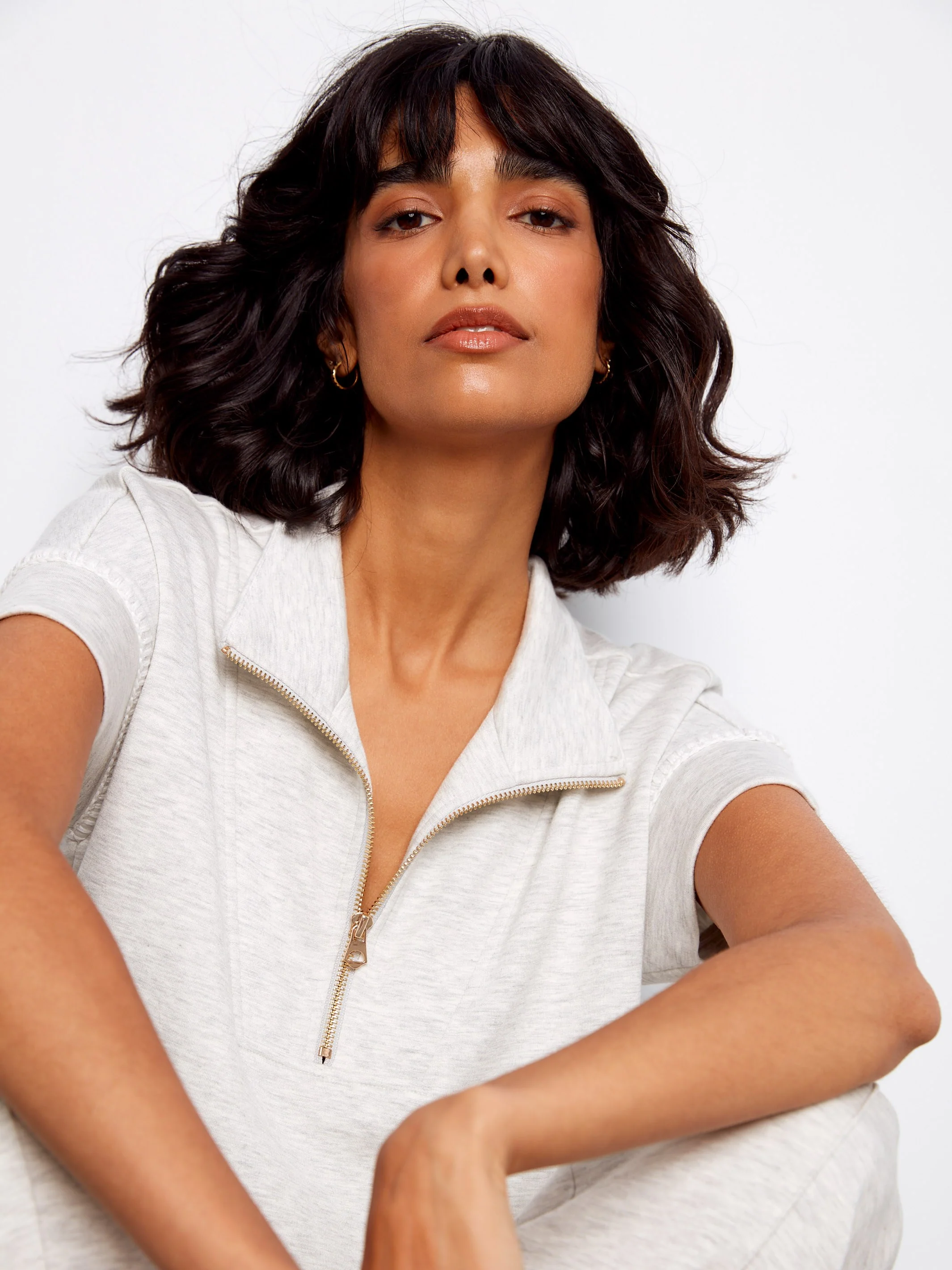 Soft Scuba Short Sleeve Half-Zip Top - Heather Light Grey - Image 6