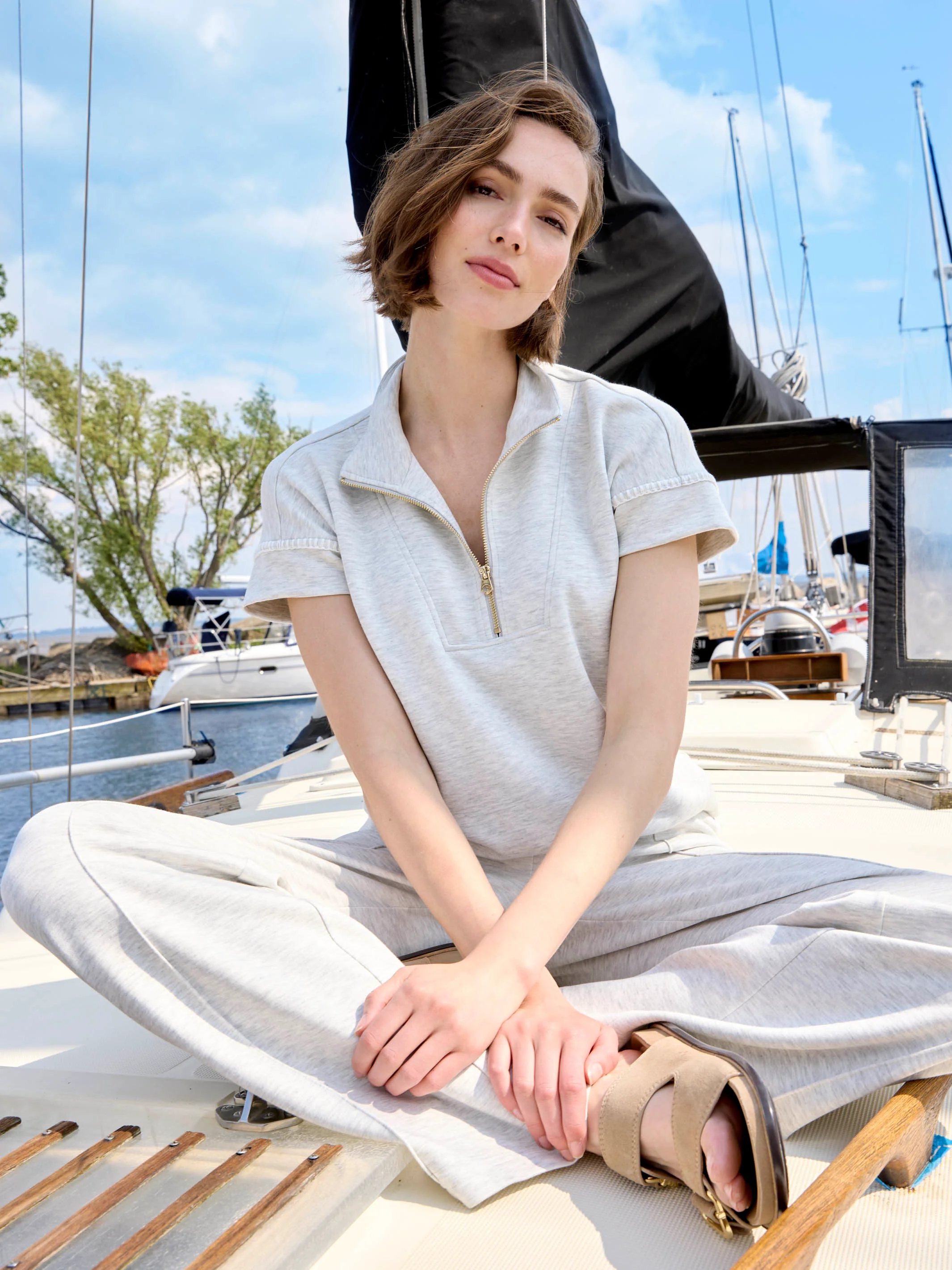 Soft Scuba Short Sleeve Half-Zip Top - Heather Light Grey - Image 8