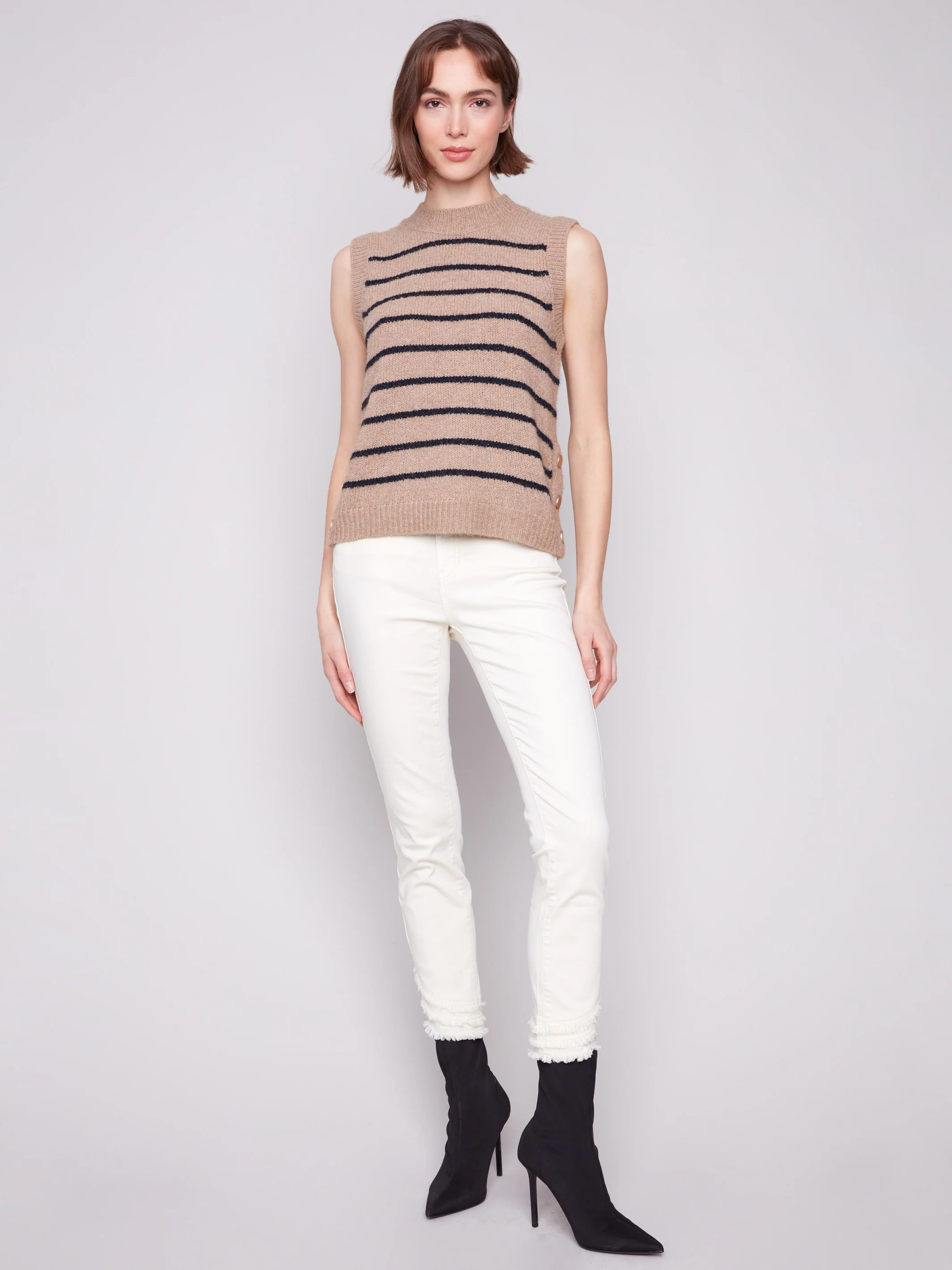 Striped Sleeveless Sweater Vest - Heather Camel - Image 3