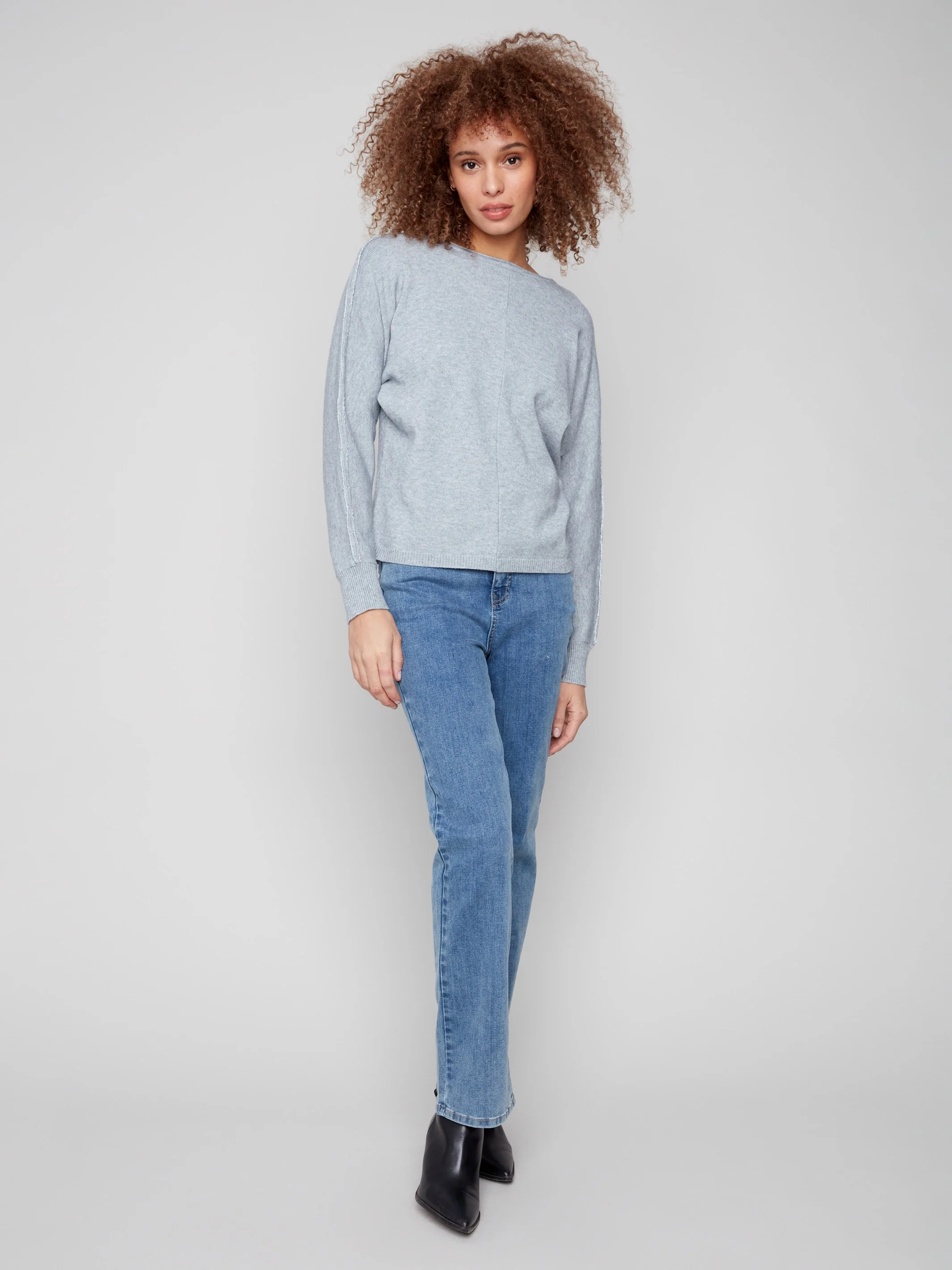 Sweater With Metallic Sleeve Detail - Heather Grey - Image 3