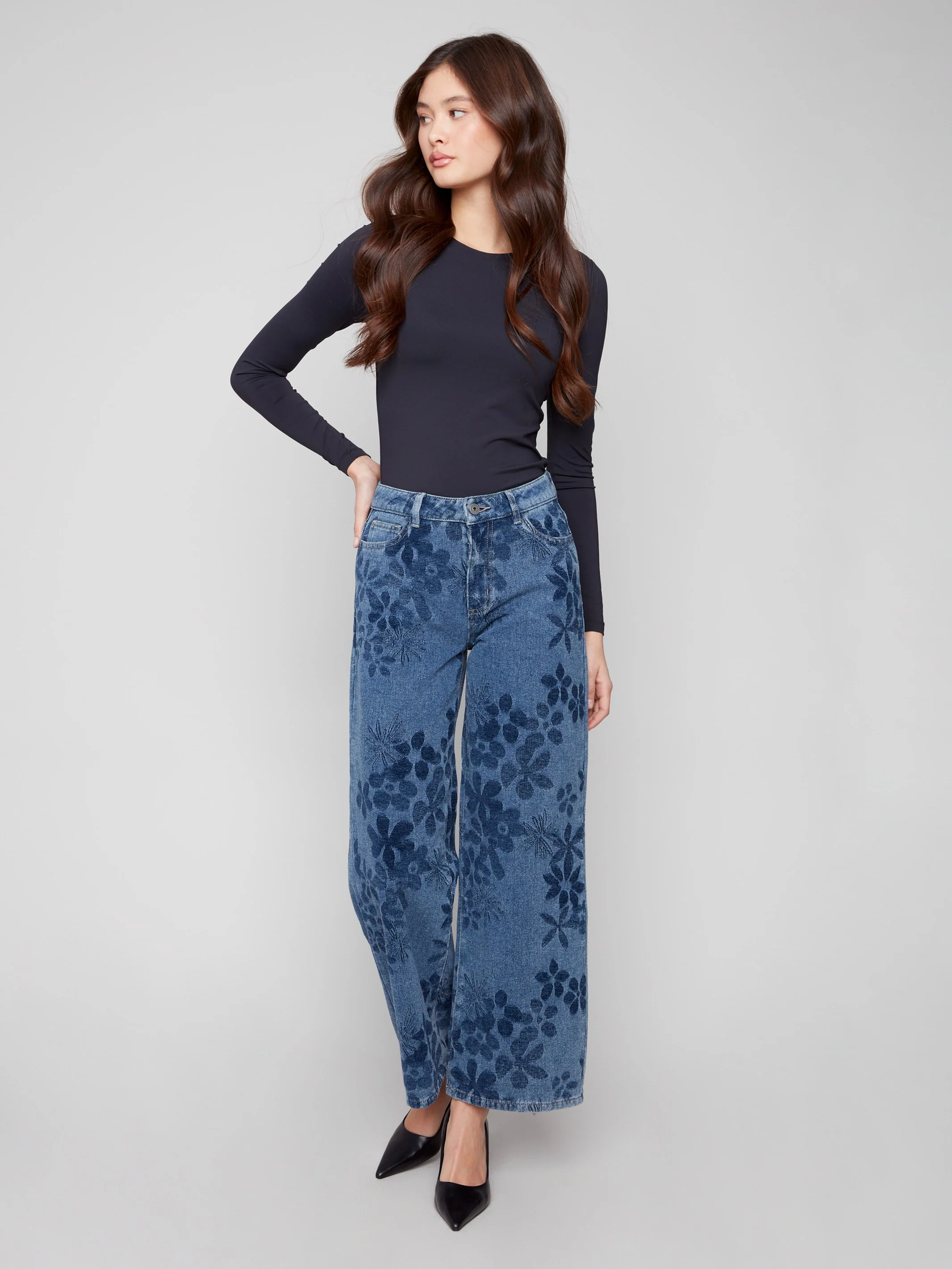 Wide Leg Floral Jeans - Flowers - Image 3