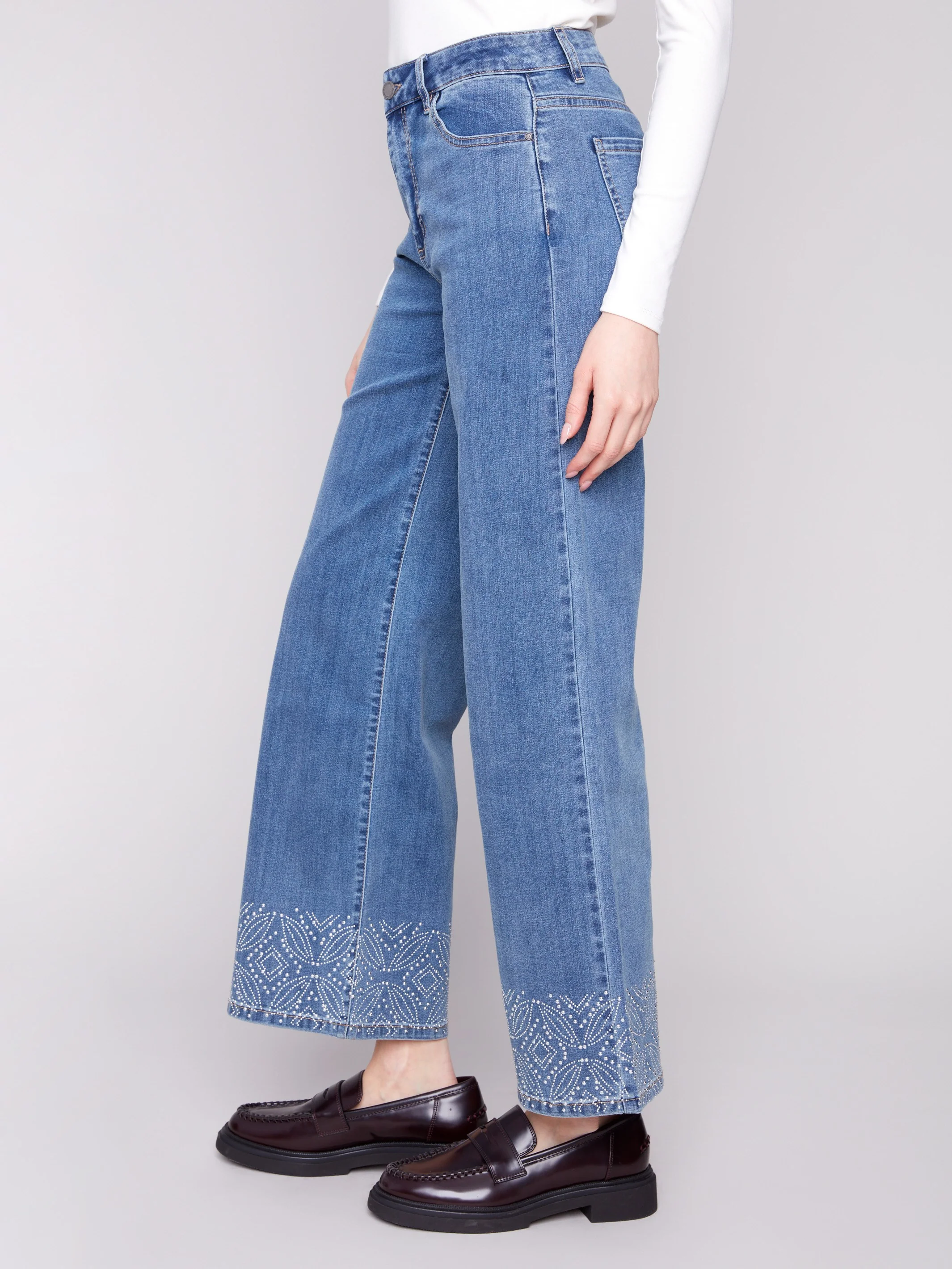 Wide Leg Jeans With Studded Hem - Medium Blue - Image 3