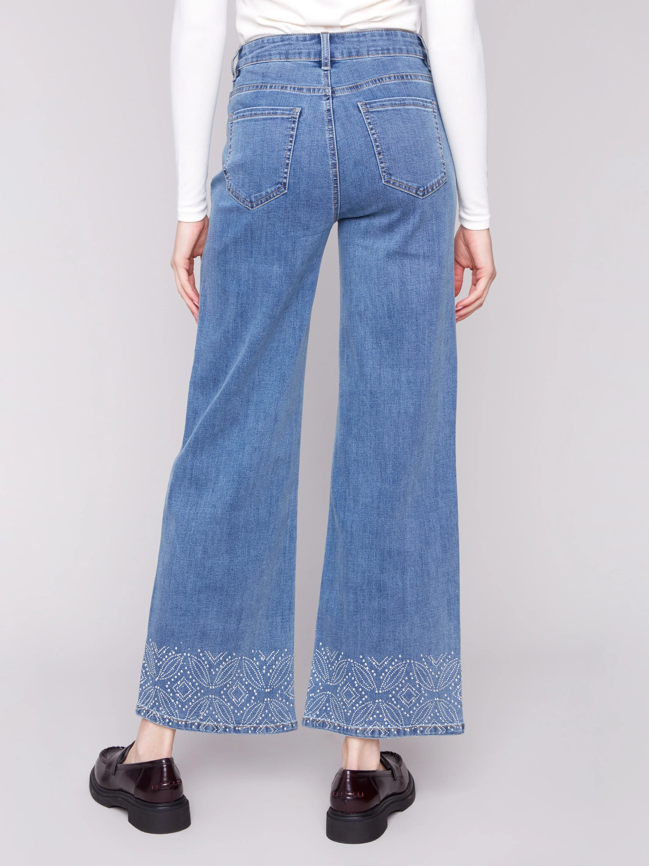 Wide Leg Jeans With Studded Hem - Medium Blue - Image 4