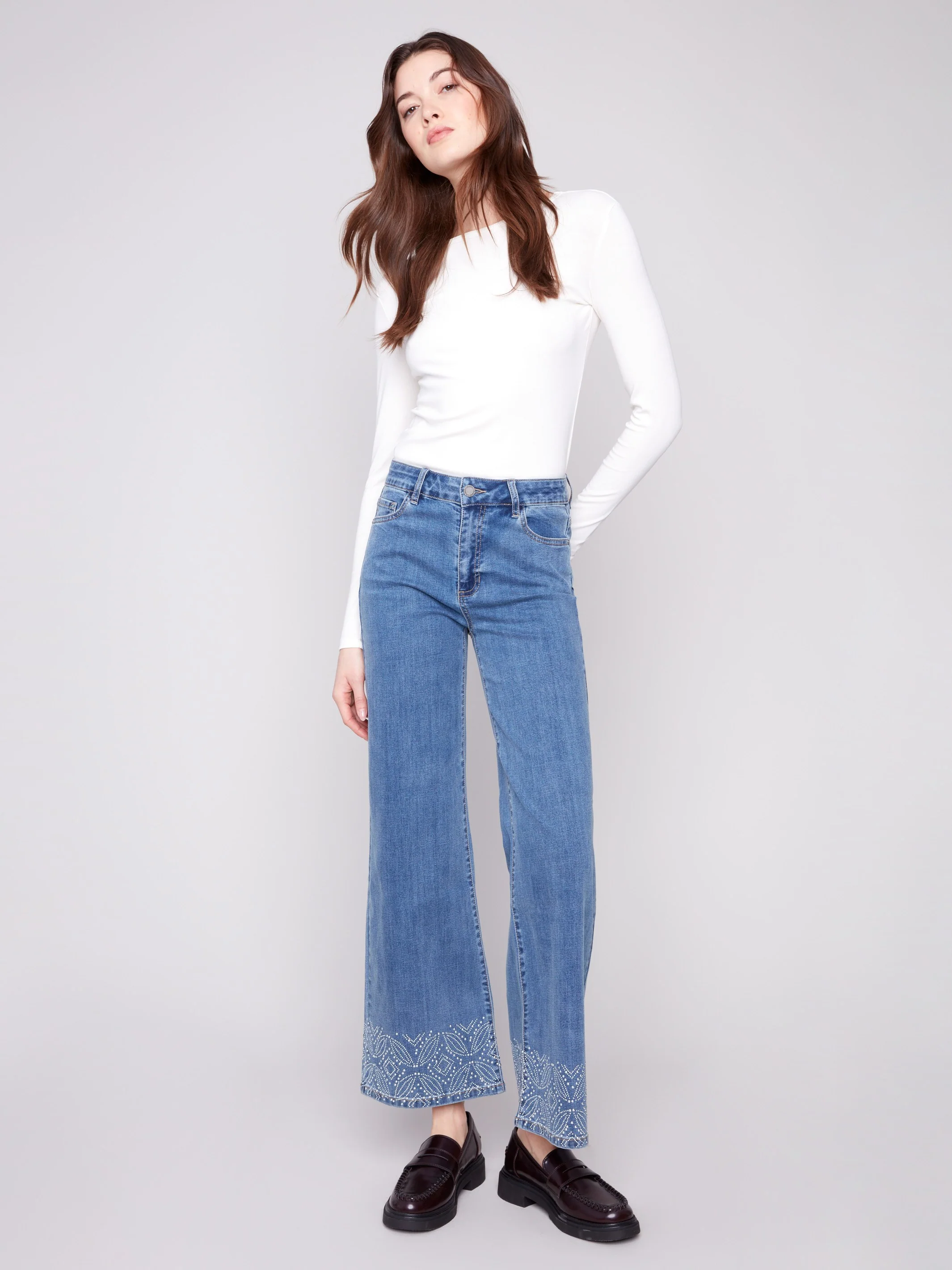 Wide Leg Jeans With Studded Hem - Medium Blue - Image 5