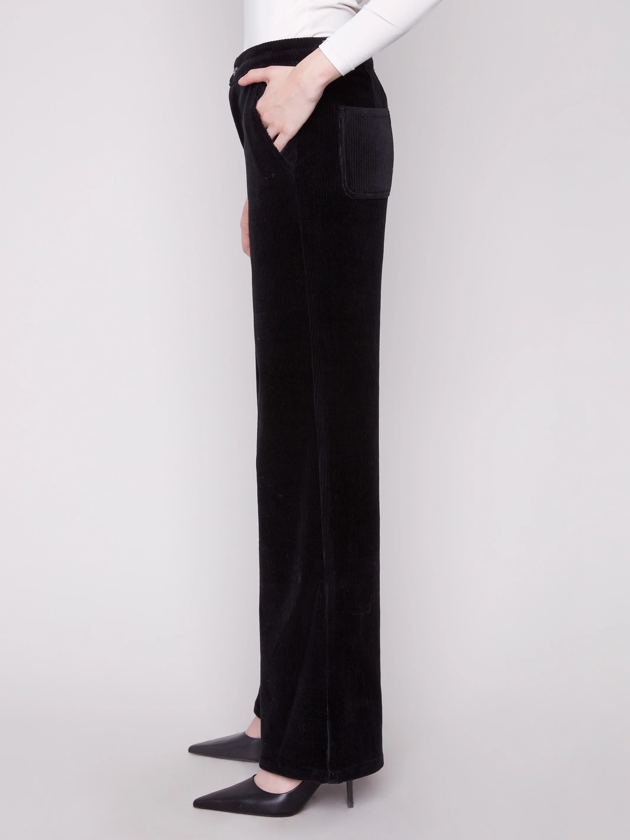 Wide Leg Stretch Corduroy Pants - Black - Image 3