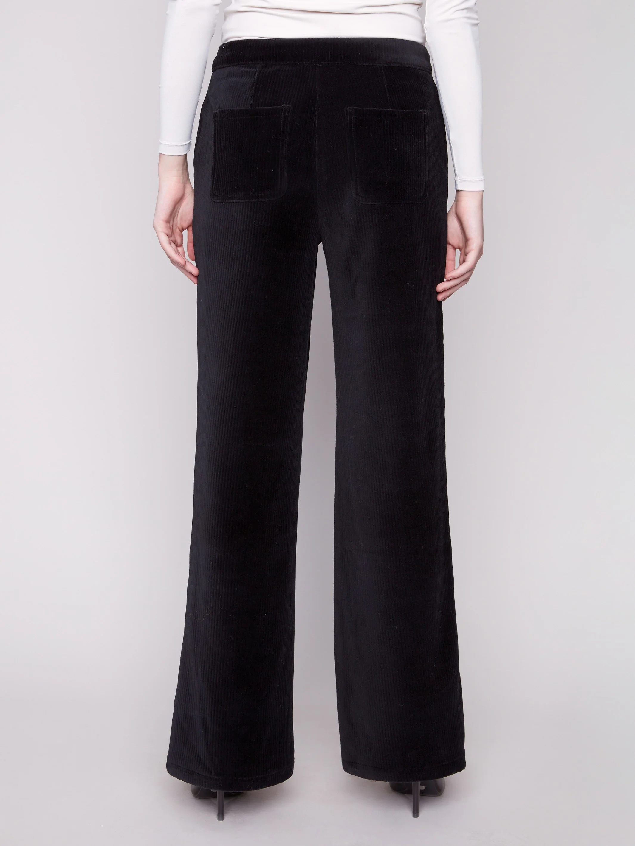 Wide Leg Stretch Corduroy Pants - Black - Image 4
