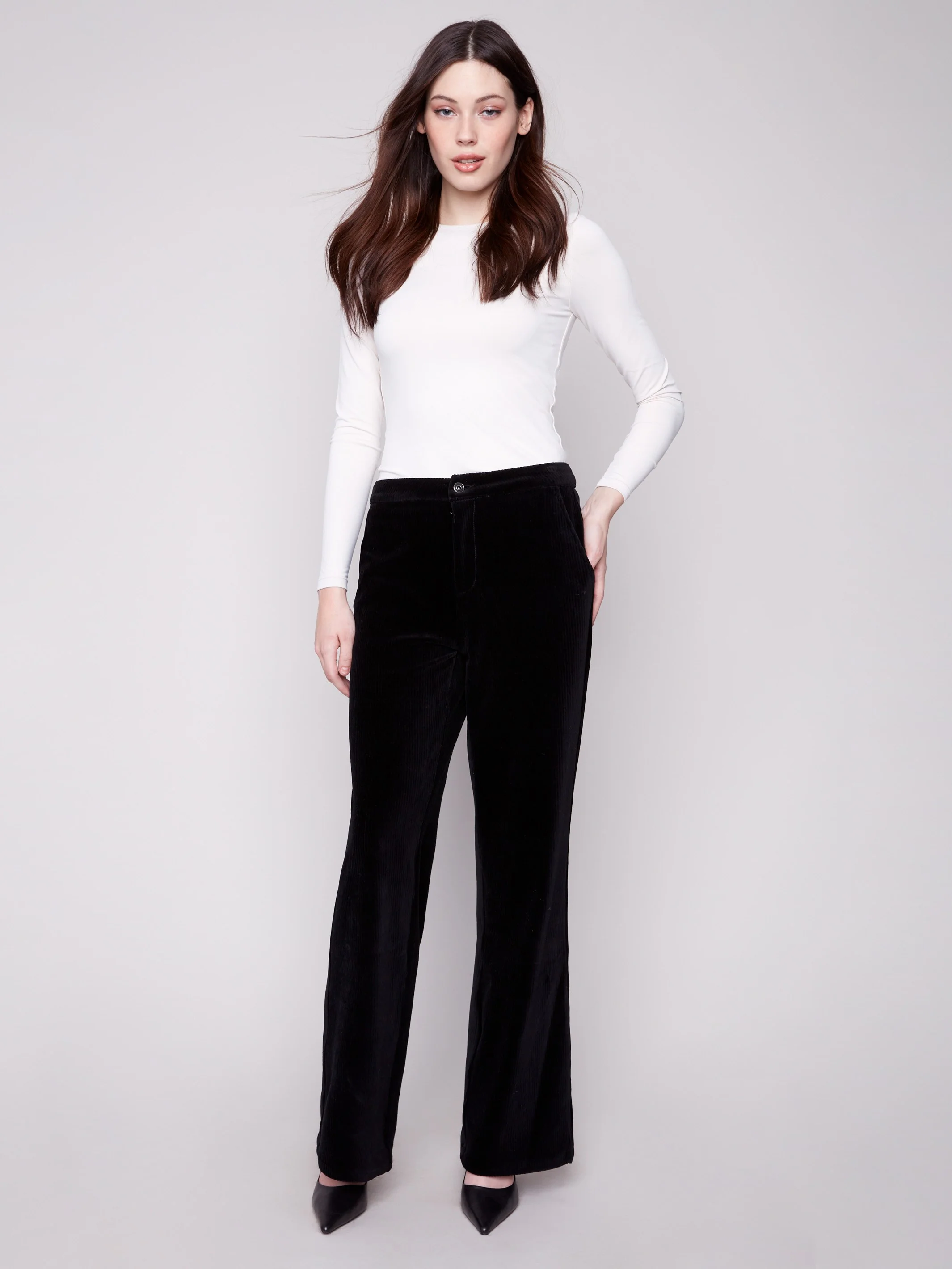 Wide Leg Stretch Corduroy Pants - Black - Image 5